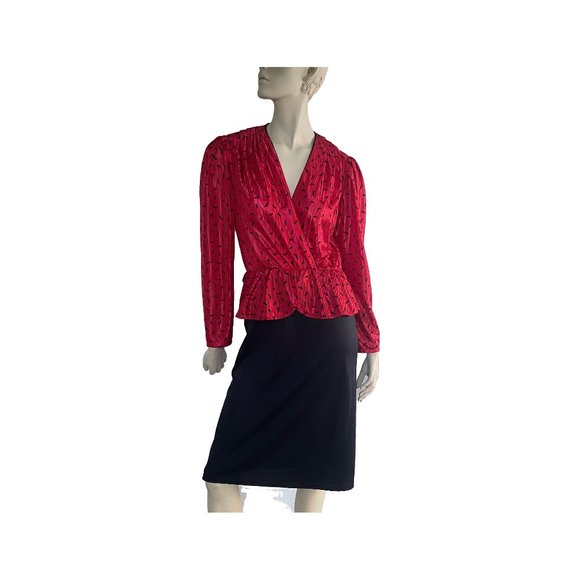 1980s Dress, Red and Black V-Neck Valentine’s Day Dress, 80s Power Dressing - Picture 1 of 10